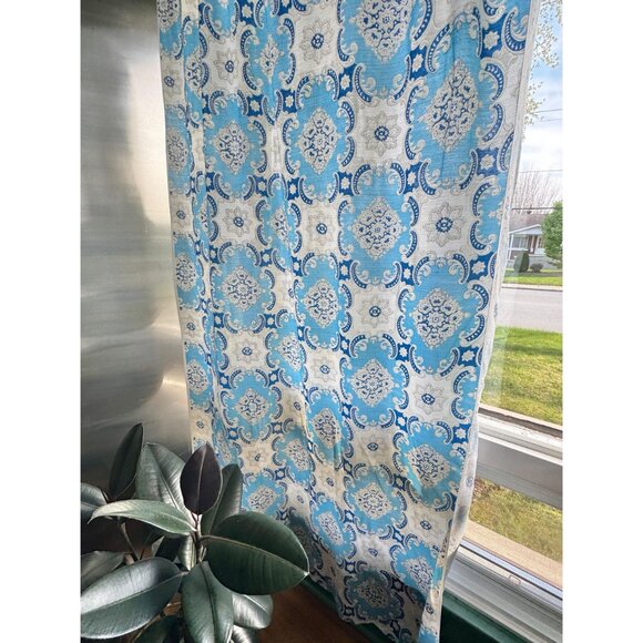 Vintage 60s curtain, blue, white abstract floral, 1960s MCM panel, price for 1 - Picture 2 of 10
